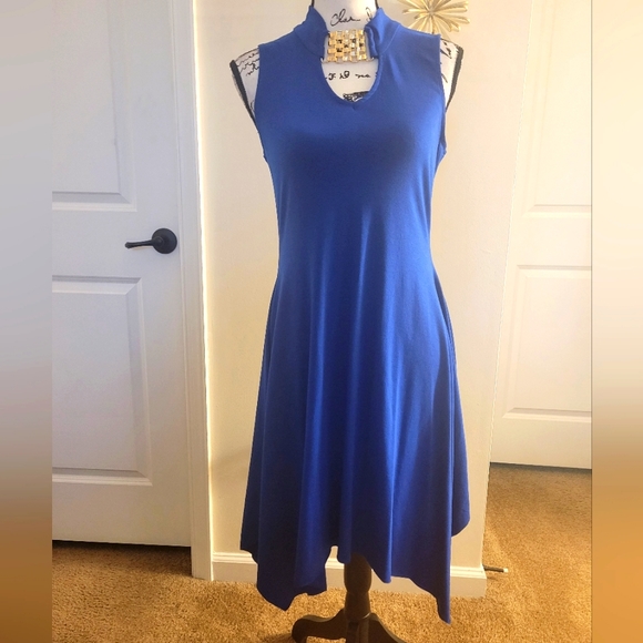 Venus ~ Royal Blue Dress w/Gold Neck Accent - Picture 3 of 4